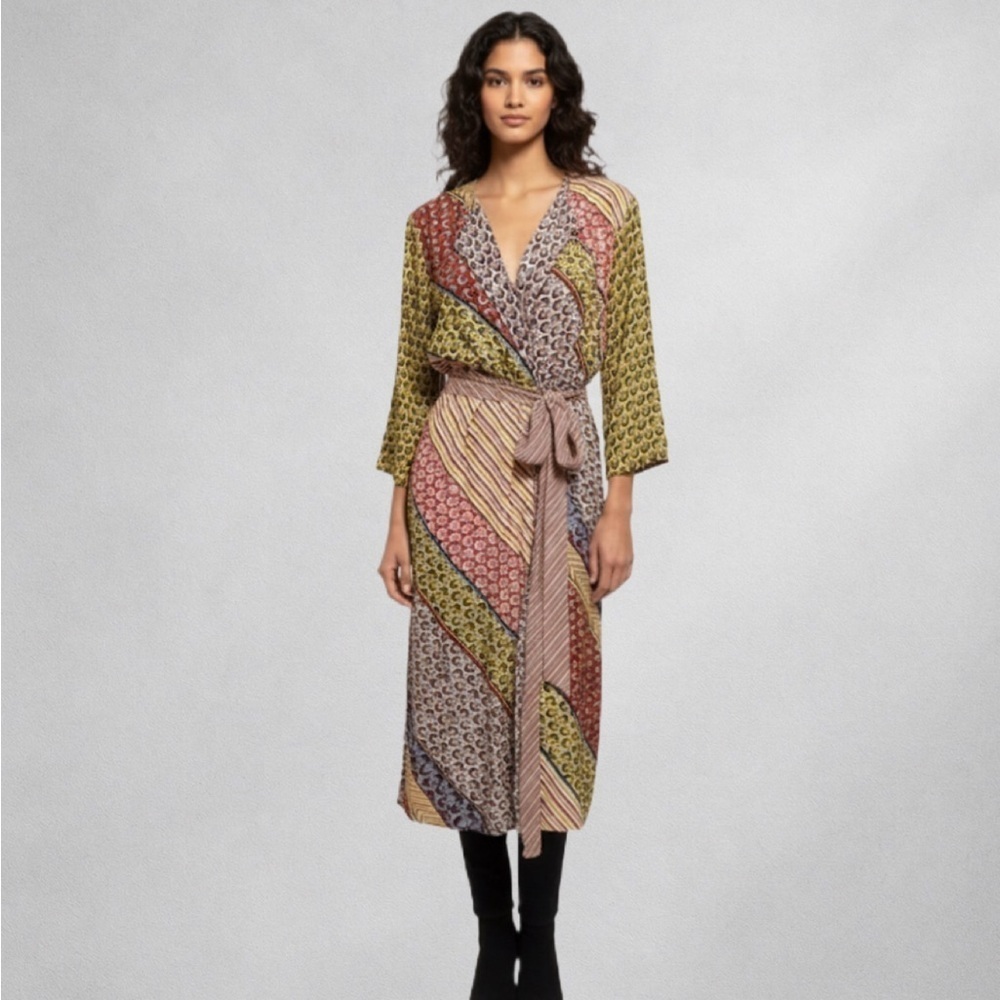 Cabi Kimono Poet Duster Jacket Dress Womens  S Boho Patchwork Print Belted new